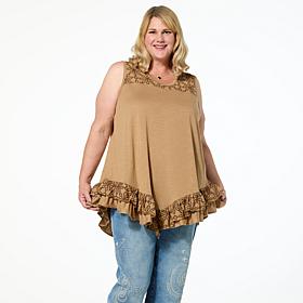 DG2 by Diane Gilman Mixed Media Eyelet Knit Ruffled Tank
