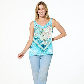 DG2 by Diane Gilman Mixed Media Scarf Print V-Neck Tank