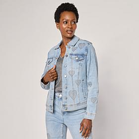DG2 by Diane Gilman New Classic Heart Studded Stretch Denim Jacket