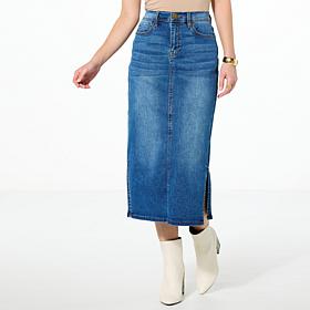 DG2 by Diane Gilman New Classic Stretch Denim Midi Skirt w/Side Slits