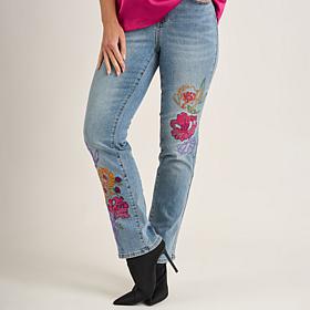 DG2 by Diane Gilman New Classic Stretch Denim Straight-Leg Embroide...