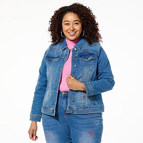 DG2 by Diane Gilman New Classic Stretch Heart-Embellished Denim Jacket