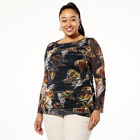 DG2 by Diane Gilman Printed Mesh Boat-Neck Top