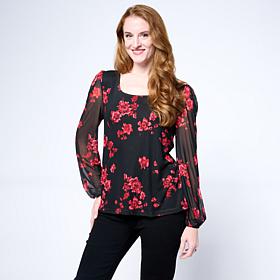 DG2 by Diane Gilman Printed Mesh Knit Lantern-Sleeve Top