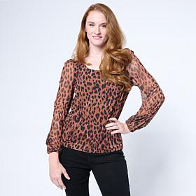 DG2 by Diane Gilman Printed Mesh Knit Lantern-Sleeve Top