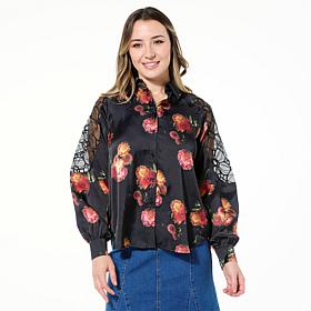 DG2 by Diane Gilman Printed Satin Blouse with Lace Detail