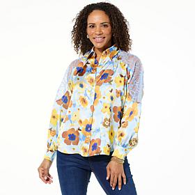 DG2 by Diane Gilman Printed Satin Blouse with Lace Detail