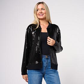 DG2 by Diane Gilman Printed Sequin Bomber Jacket