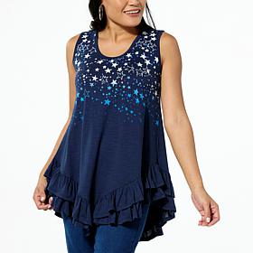 DG2 by Diane Gilman Slub Knit Placed Print Ruffled-Hem Tank
