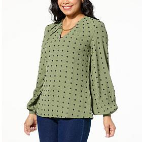 DG2 by Diane Gilman Swiss Dot Chain-Trimmed Neckline Blouse