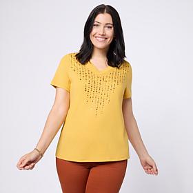 DG2 by Diane Gilman V-Neck Rhinestone Embellished Short-Sleeve Tee