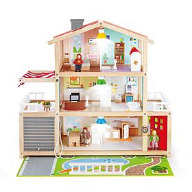 Doll Family Mansion Kid's Wooden Dollhouse with LED Lights