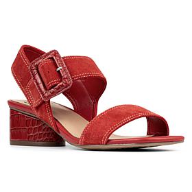 Donald Pliner Mobie Leather and Suede Big Buckle Block Heel Sandal