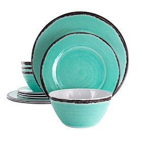 Elama Azul Banquet 12-Pc Lightweight Melamine Dinnerware Set-Turquoise