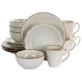 Elama Contessa 16 Piece Embossed Scalloped Stoneware Dinnerware Set...