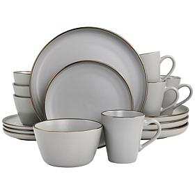 Elama Paul 16pc Stoneware Dinnerware Set in Matte Slate with Gold Rim