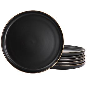 Elama Paul 6-Piece Stoneware Dinner Plate Set, Matte Black w/ Gold Rim