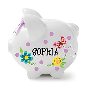 Floral Butterfly Personalized White Resin Piggy Bank