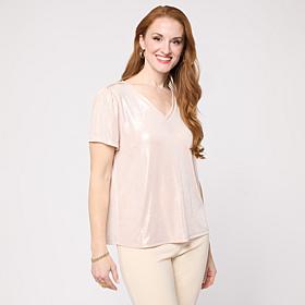 G by Giuliana Shirred Sleeve V-Neck Shimmer Top