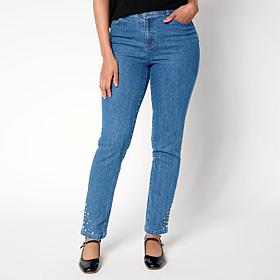 G by Giuliana Stretch Denim Straight-Leg Jean with Jeweled Hem