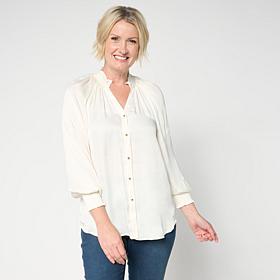 G by Giuliana Woven Button Front Blouse with Ruffle Detail