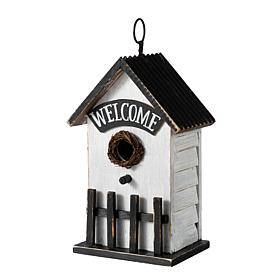 Glitzhome 11" Washed White Rustic Birdhouse with Welcome Sign