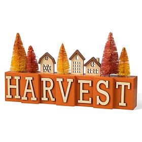 Glitzhome 14in. L Harvest Wooden House and Brush Trees Table Decor