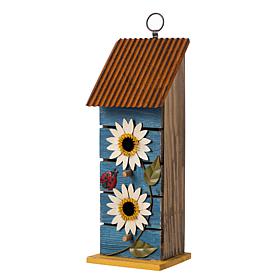 Glitzhome 15" Rustic Washed-Blue Birdhouse with Metal Daisy Accents