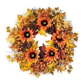 Glitzhome 24" Fall Sunflower, Maple Leaf and Berry Wreath