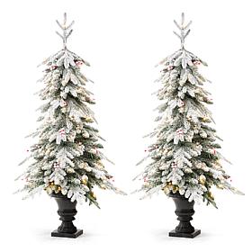 Glitzhome 2pk 5' Flocked Fir Artificial Christmas Tree in Urn w/Lights
