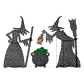 Glitzhome 3pc Lighted Halloween Witches w Cauldron Outdoor Décor