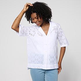 HUE Button-Front Cotton Eyelet Top