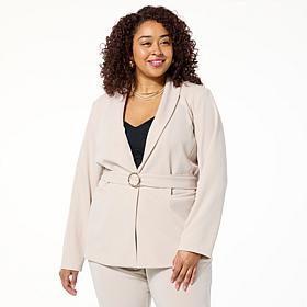 IMAN Global Chic Belted Crepe Knit Blazer