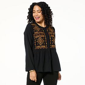 IMAN Global Chic Embroidered Woven Button-Front Blouse
