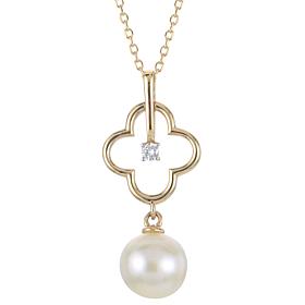 Imperial Pearls 14K Cultured Pearl and Diamond Clover Drop Necklace