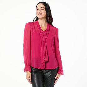 Jaclyn Smith Crinkle Chiffon Puff Sleeve Neck Tie Blouse