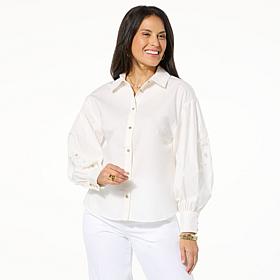 Jaclyn Smith Embroidered Cut-Out Poplin Buttoned Shirt - Egret