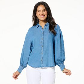 Jaclyn Smith Embroidered Cutout Button-Up Poplin Shirt - Medium Wash