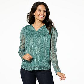 Jaclyn Smith Metallic Stripe Pleated V-Neck Blouse