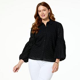 Jaclyn Smith Poet-Sleeve Woven Eyelet Button-Up Shirt