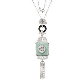 Jade of Yesteryear Green Jade and CZ Longevity Tassel Pendant w/Chain