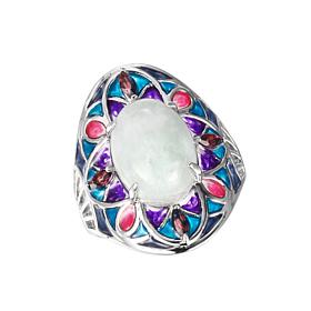 Jade of Yesteryear Sterling Silver Green Jade & Red Crystal Ring