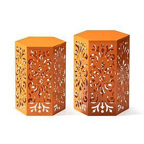Multi-Functional Set of 2 Orange Iron Cutout Hexagonal Garden Stools