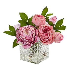 Nearly Natural 10" Peony in Glass Vase