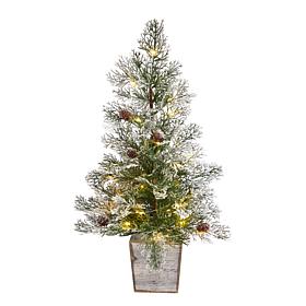 Nearly Natural 2’ Frosted Pre-Lit  Christmas Tree in Decor Planter