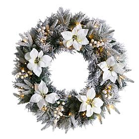 Nearly Natural 24 in. Flocked Poinsettia Wreath with 50 LED Lights