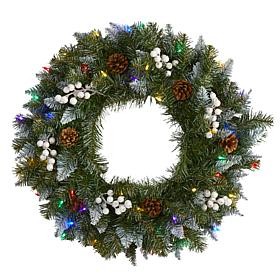 Nearly Natural 24 in. Snow Tipped Christmas Wreath with 50 Lights