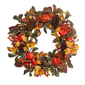 Nearly Natural 26 in. Persimmon and Pinecones Artificial Fall Wreath