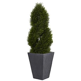 Nearly Natural 4 ft. Cypress Double Spiral Topiary in Slate Planter