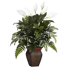 Nearly Natural Mixed Greens & Spathyfillum Silk Plant w Floral Vase 
